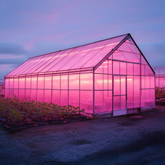 Dawn awakening a greenhouse illuminated in soft pink light