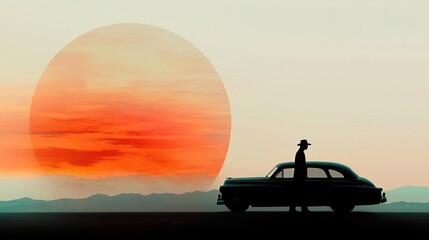 A vintage car silhouette blending with a sunlit desert road, evoking wanderlust and nostalgia.