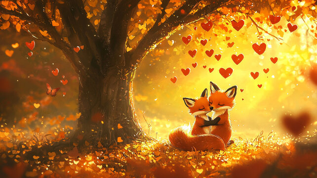 A vibrant illustration of two foxes cuddling.