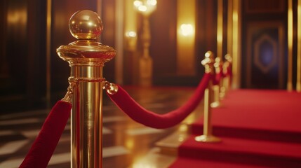 Close-up of a gold pole with a red velvet rope barrier and red carpet, symbolizing elegance and exclusivity, shot from a low angle.