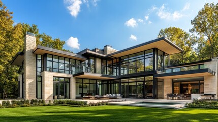 Elegant contemporary home with expansive glass windows and sleek architecture, set against a clear blue sky.