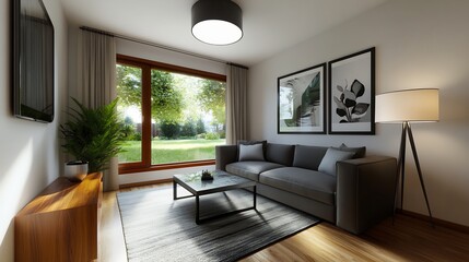 Fototapeta premium Modern Living Room Interior Design with Garden View