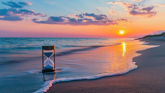 Footage of an hourglass on the beach with a sunset in the background  symbolizing time and life meaning,