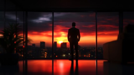 Fototapeta premium Silhouette of a Businessman Contemplating a Fiery Sunset Over a Cityscape