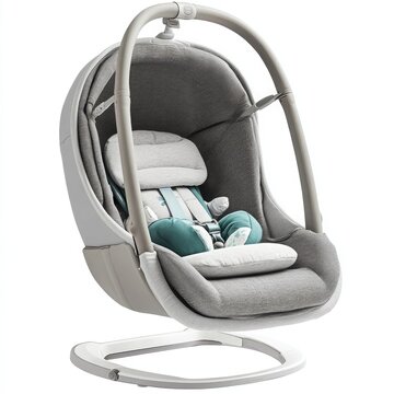 The Graco Baa Baby Swing is shown with an overhead swing and an open seat for the baby to rest on its side, with gray fabric and a white background. The baby boy glider chair is in the colors of black