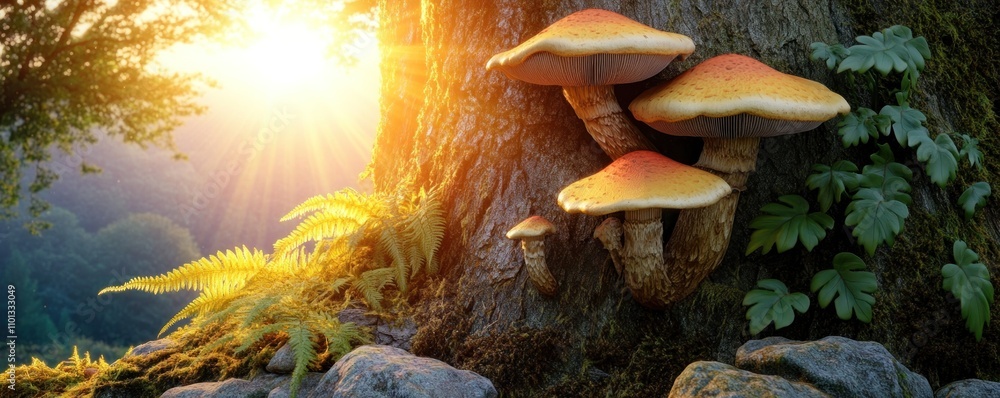 Poster a serene forest scene featuring mushrooms growing at the base of a tree with sunlight filtering thro
