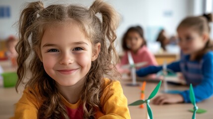 Obraz premium Smiling Girl in Classroom with Wind Turbine Models and Peers