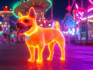 A glowing neon apricot dog exploring a vibrant carnival at night surrounded by bright lights