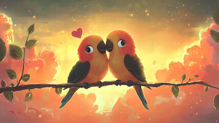 Two adorable cartoon style lovebirds.