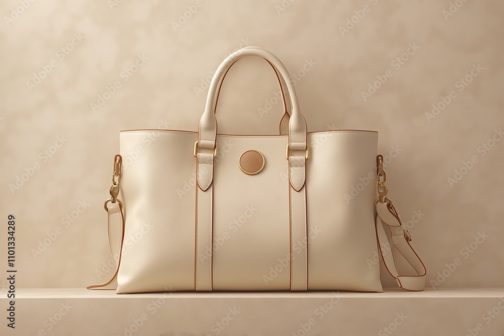 Poster elegant cream leather handbag displayed on a minimalist shelf in a soft light setting