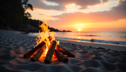 Fototapeta premium beautiful sunset over the sea is accompanied by a blazing fire on the beach, creating a warm and inviting atmosphere.