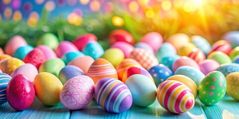 Fototapeta premium Colorful Easter Eggs in a Close-Up Layout with Copy Space for Holiday Greetings and Celebrations, Perfect for Spring-Themed Designs and Festive Decorations