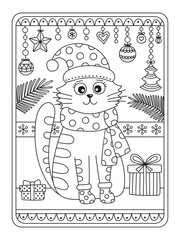 Vector doodle illustration with winter cat. Hand drawn Christmas coloring page. Antistress.