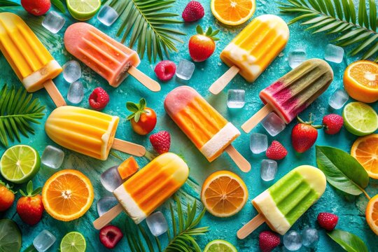 Colorful Frozen Treats: A Delicious Display of Bolis and Helados in a Fun Summer Setting with Copy Space for Creative Use