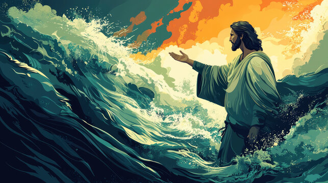 Illustration of Jesus calming the storm, standing amidst turbulent waves with outstretched arm, depicting divine peace in a chaotic sea