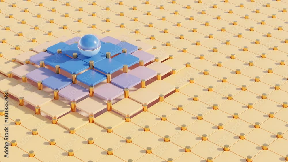 Poster elevated squares and rolling sphere: abstract 3d animation with color-changing cubic patterns for co