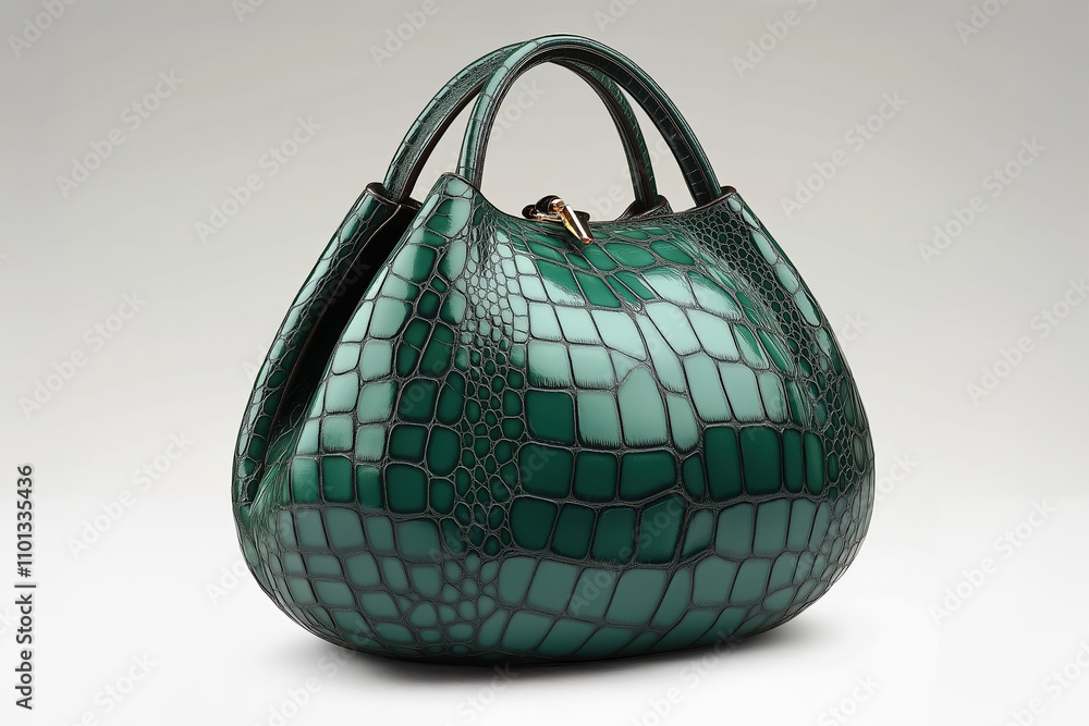 Poster elegant green handbag showcasing unique textured design and craftsmanship in a stylish display