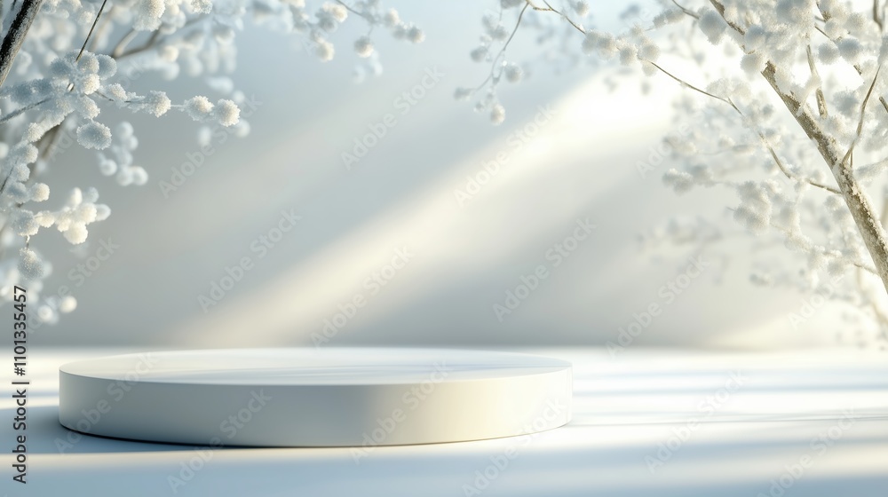 Poster serene white stage surrounded by delicate branches in soft light setting an elegant atmosphere for p