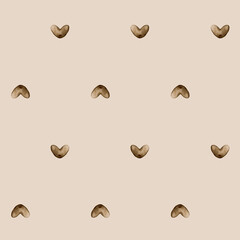 Cute hearts. Brown little love hearts. Watercolor minimalistic simple seamless pattern on beige background for nursery