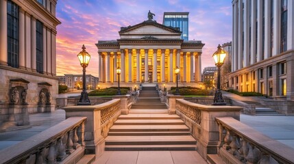 Fototapeta premium Majestic Neoclassical Architecture Against a Vibrant Sunset Sky
