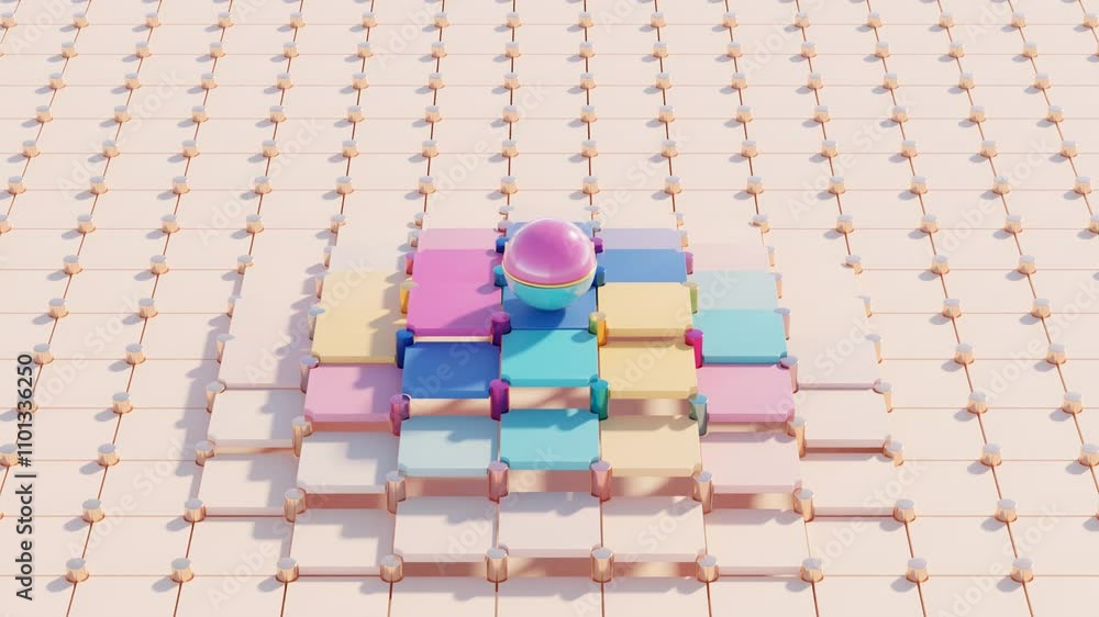 Poster dynamic color transitions with a rolling sphere: abstract 3d animation of rising cubic panels in mot