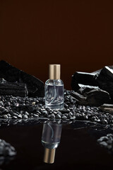 In the brown backdrop, a frontal view of a glass bottle with a silver cap, containing a liquid, is...