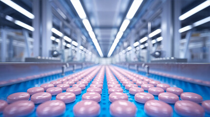 Obraz premium Pharmaceutical Production Line with Pills and Workers in Lab Coats in Factory