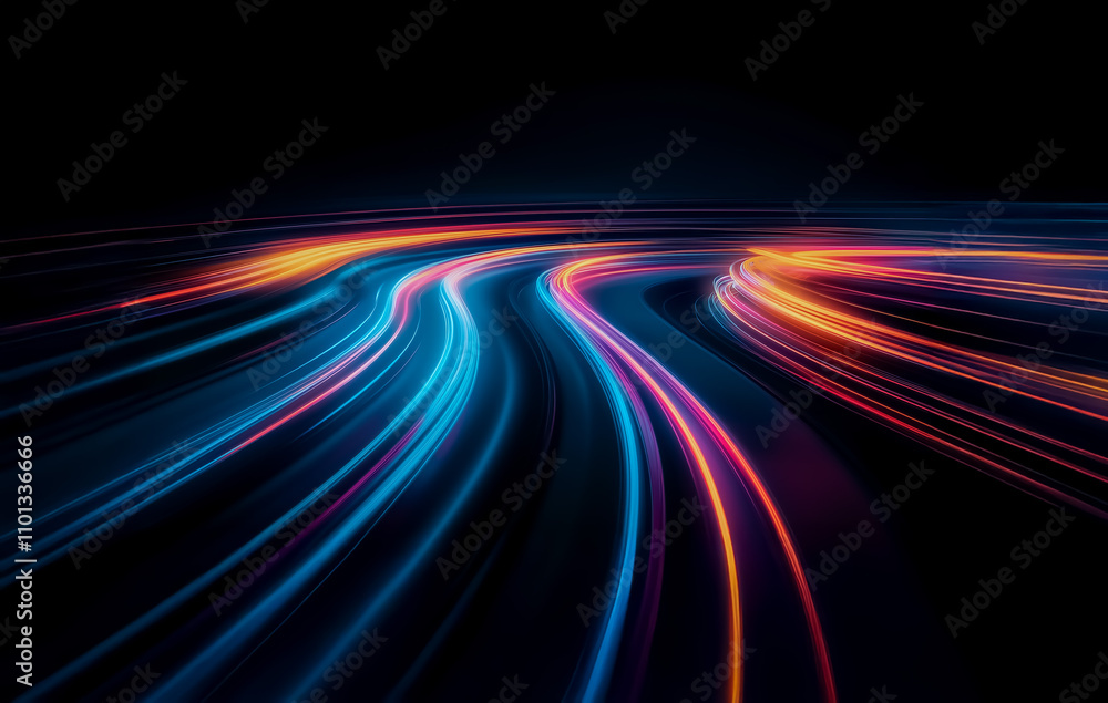 Poster elegant arcs of neon light in pink, blue, and orange create a flowing composition over a deep black 