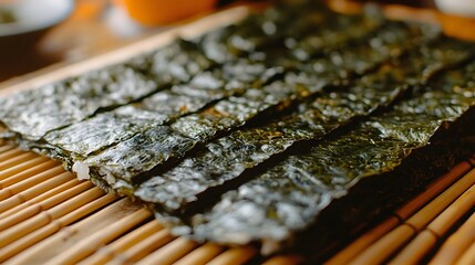 24. A close-up of hand-rolled sushi snacks on a bamboo mat