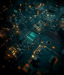 Obraz premium High-tech robotic circuit board in extreme macro view, featuring intricate glowing components and futuristic electronic design.
