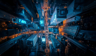 A futuristic city illuminated at night, viewed from a bird's-eye perspective. The glowing blue and orange lights create a vibrant urban landscape.