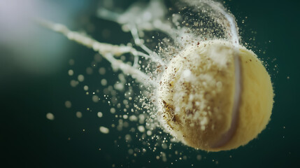 Fototapeta premium A dynamic and detailed close-up of a tennis ball impacting a racket, captured mid-motion with dust particles flying around for an energetic effect.