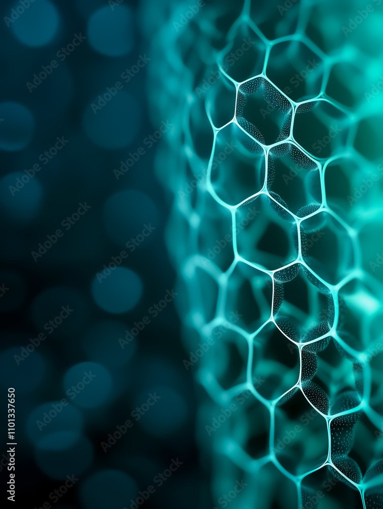 Poster a close-up of a honeycomb structure made of metallic material, with teal highlights and soft bokeh i