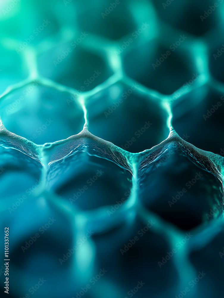 Poster macro shot of a futuristic honeycomb pattern, showing smooth textures and intricate details under gl