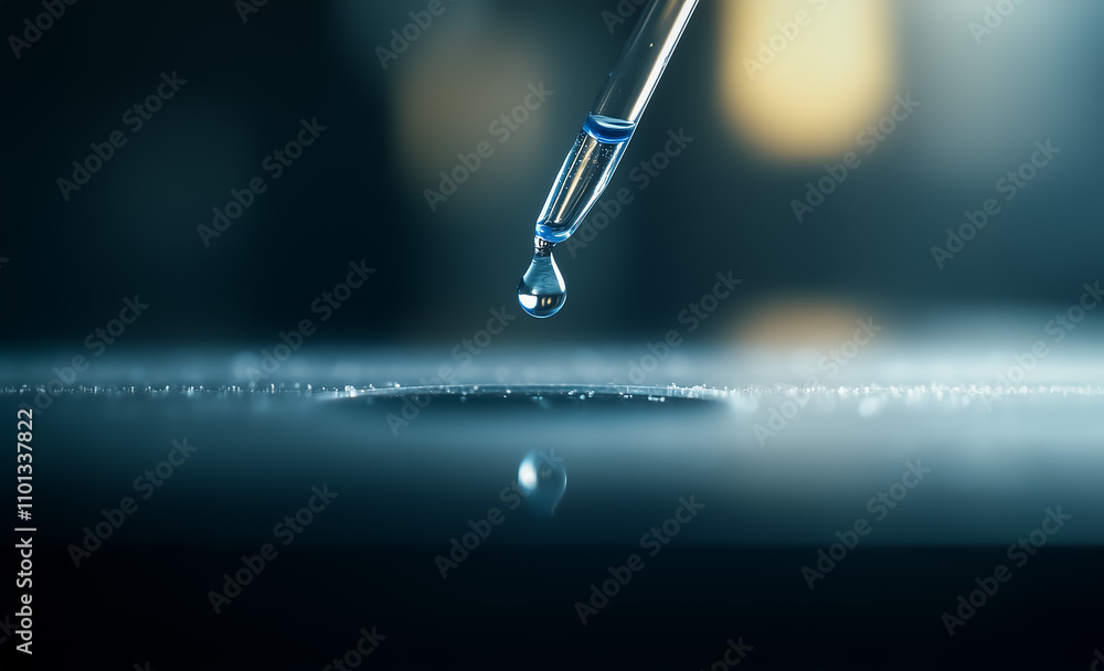 Poster a sharp macro view of a single droplet falling from a pipette onto a smooth reflective surface, symb