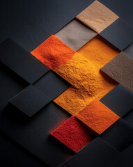 Image of A detailed macro flat-lay image of vibrant spices including turmeric, paprika, and green herbs, arranged in a creative geometric layout over a dark surface. printed on Printed Glass Splashbacks