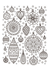 Vector coloring page with Christmas toys. Hand drawn doodle illustration. Winter antistress coloring book.