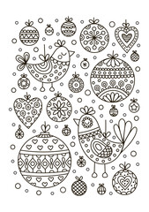 Vector coloring page with Christmas balls and birds. Hand drawn doodle illustration. Winter antistress coloring book.