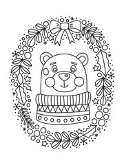 Vector doodle illustration for antistress coloring. Hand drawn witer frame with cute bear.
