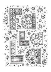 Vector doodle Christmas illustration for coloring. Hand drawn antistress coloring page with winter elements. Fa la la.