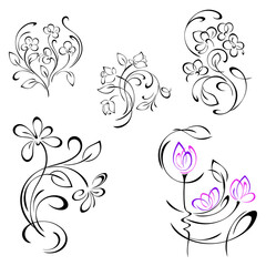decorative element with a floral pattern of stylized flowers on curved stems with leaves and curls  graphic design  SET © LIUBOV