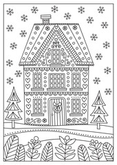 Vector doodle winter illustration. Hand drawn antistress coloring page with house and trees.