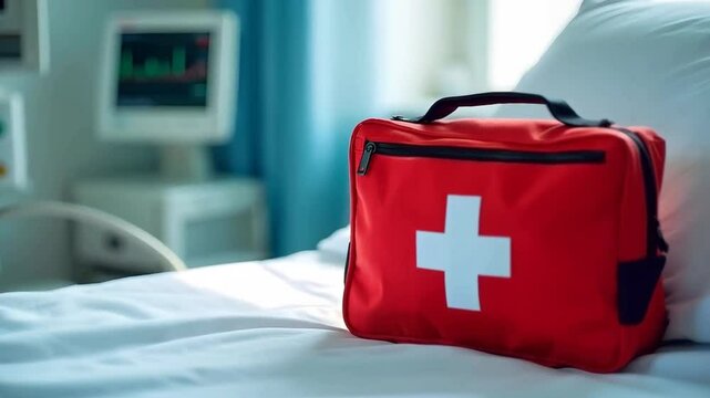 A red medical first aid kit bag in a hospital setting with blurred medical equipment in the background