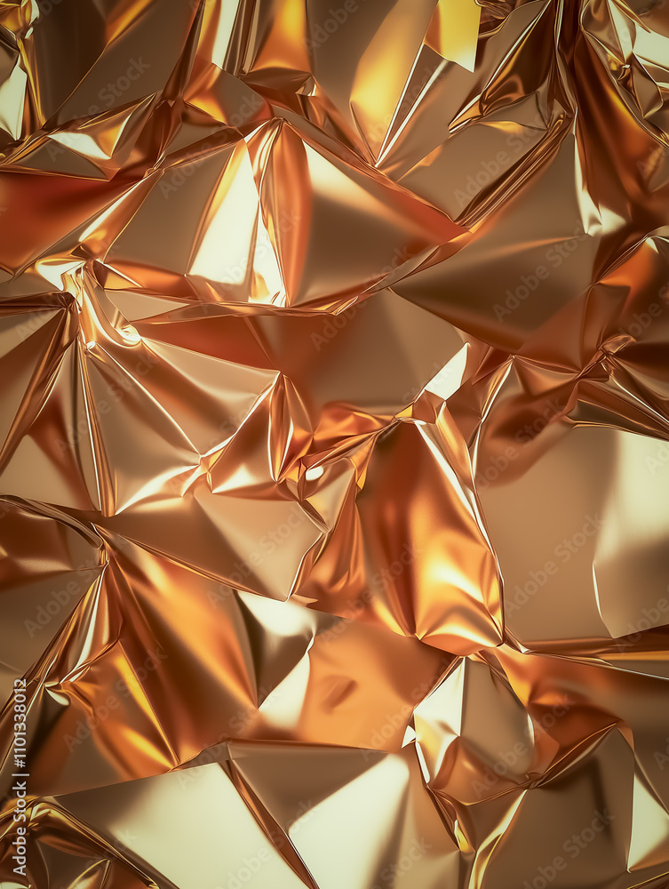 Poster a macro shot of golden crumpled foil creating a dynamic pattern with light reflections, emphasizing 