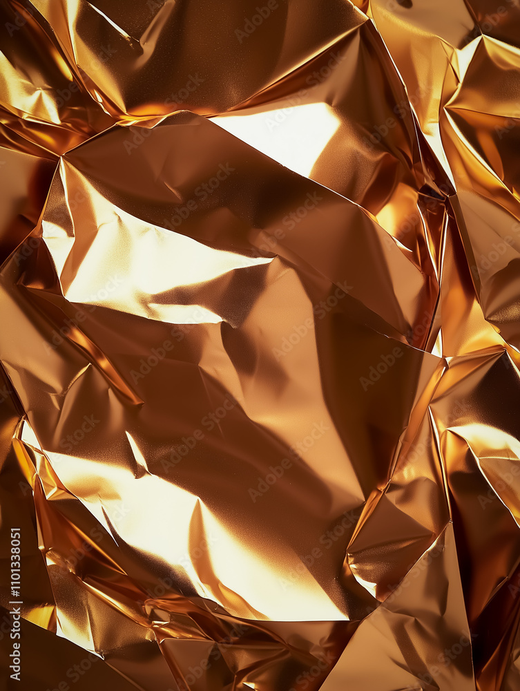 Poster a detailed close-up of shiny, crumpled golden foil, reflecting light to create a smooth, luxurious t