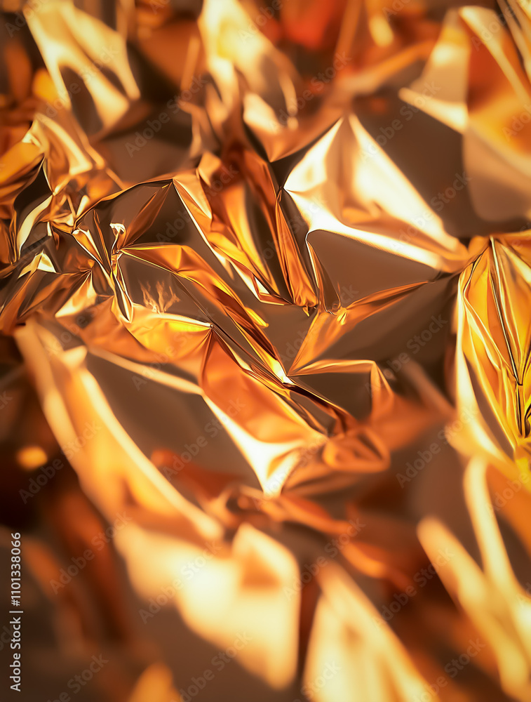 Poster golden crumpled metallic foil in a close-up view, showcasing intricate light reflections and an abst