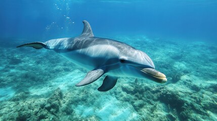 Fototapeta premium Dolphin Swimming Underwater Over Coral Reef