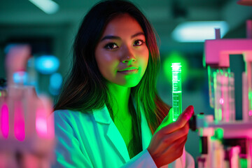 Young scientist holds glowing test tube in colorful laboratory setting. Generative AI