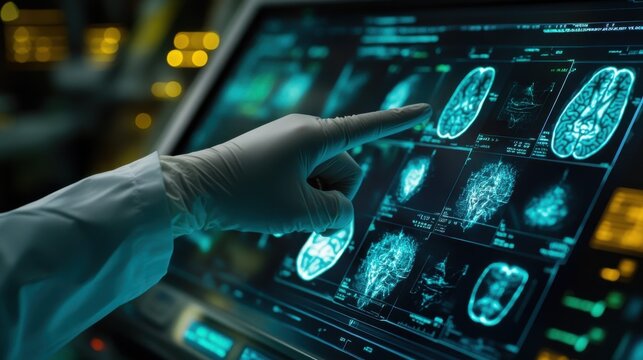Brain Scan Analysis: A gloved hand interacts with a high-tech touchscreen displaying detailed brain scans, highlighting advancements in medical technology and neurological research,Generative Ai