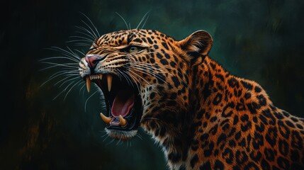 Obraz premium Roaring leopard close-up, showing teeth and fur detail against dark background.